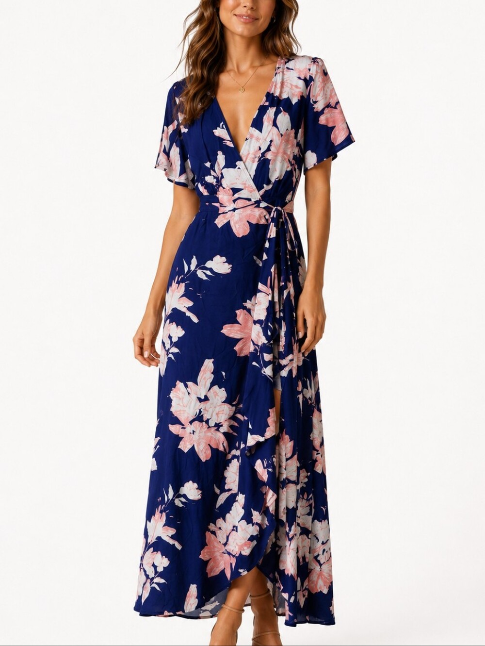 Lulu's Navy Maxi Wrap Dress with Pink Floral Print